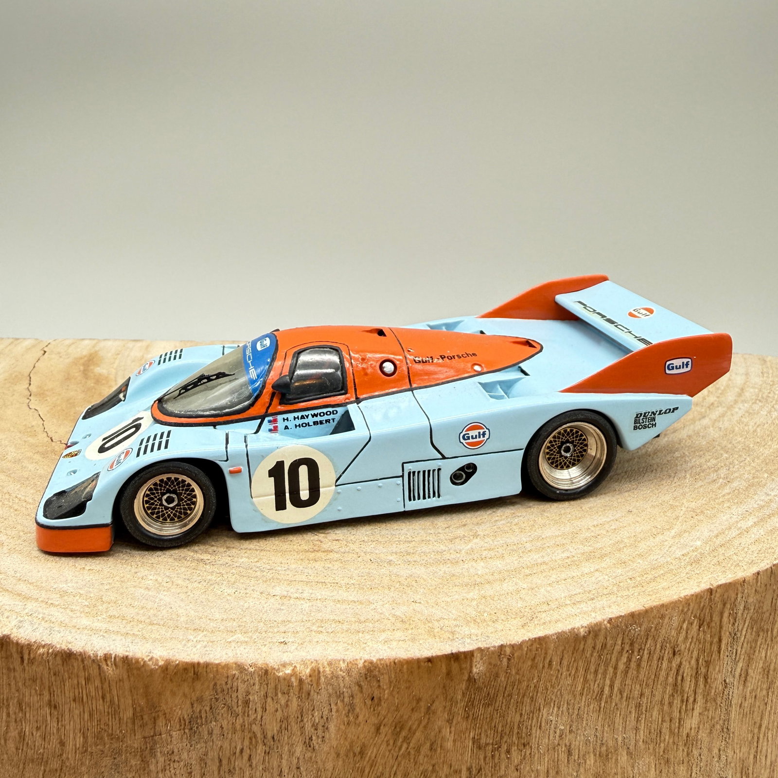 1:43 Porsche 956 Gulf DBR Starter Resin Build: Hand-built 1:43 scale Porsche 956 in classic Gulf racing livery, originally from a Starter kit and custom finished by Robb Brown (DBR). Marked underneath “Porsche 956 / Starter / Made in France&rdqu