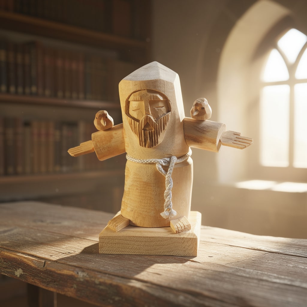 Hand-Carved Saint Francis Style Wood Figure Birds: Hand-carved wooden folk art figure depicting a robed monk with carved facial features and two birds perched on outstretched arms. The rope belt and bird motif suggest this piece is in the style of Sai