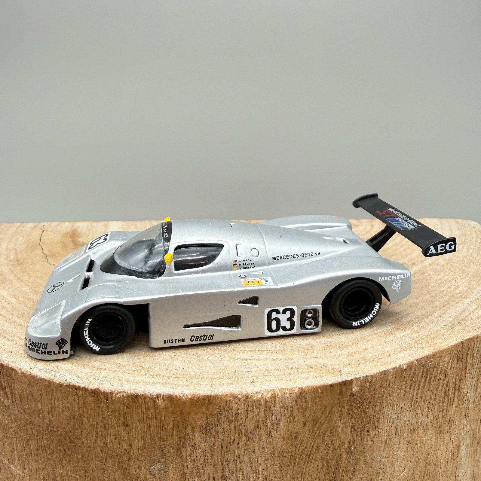 1:43 Mercedes Sauber C9 #63 DBR Built Model: 1:43 scale Mercedes-Benz Sauber C9 endurance racing model, hand-built and marked DBR on the underside. Lightweight plastic body with separate rear wing and racing livery including Castrol, Michelin, a