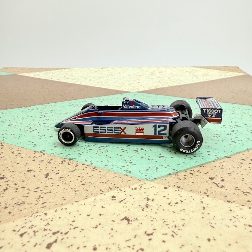 Western Models 1:43 Essex F1 Race Car WM Metal: 1:43 scale Formula One race car model produced by Western Models Ltd., Made in England. The base is marked WM 1:43 Scale RH, indicating a Western Models kit.The car is finished in the Essex / Tissot /