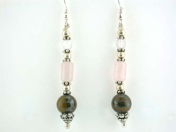 Dangling Silver, Tiger Eyes and Quartz Earrings: Silver, Quartz and Tiger Eyes Earrings. Its Length - approximately 2 inches long and Weight - 6.5 grams.