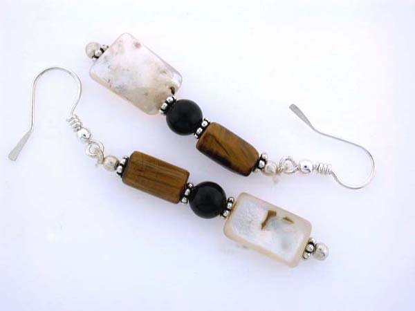 Silver, Mother of Pearl, Onyx and Tiger Eyes Earri: Silver, Onyx, Mother of Pearl and Tiger Eyes Earrings. Its Length - approximately 2.25 inches long and Weight - 6.1 grams.