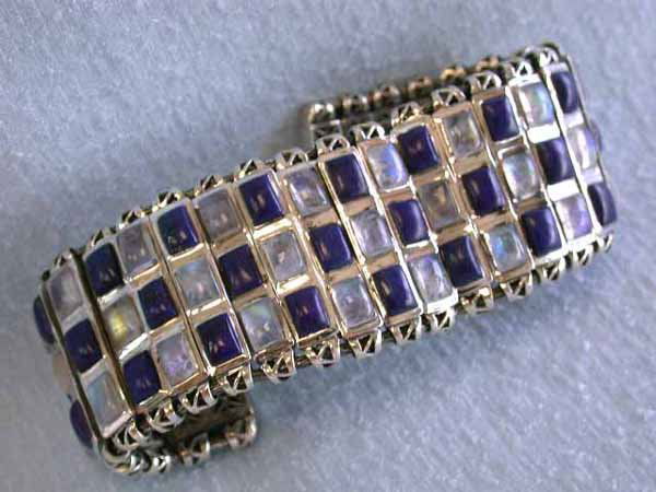 Silver Bracelet with Lapis and Moonstone: Silver Bracelet with Lapis and Moonstone approximately 2 inches wide and approximately 7 inches long and weighs 129.3 grams