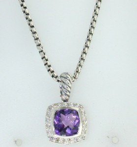 David Yurman Silver Amethyst & Diamond Necklace.: David Yurman Silver Amethyst & Diamond Necklace. The total weight of Necklace is 9.0 grams. The total diamond weight : 0.20 cts. H color, VS clarity The size of the Amethyst is 7 x7 mm in diameter. Th