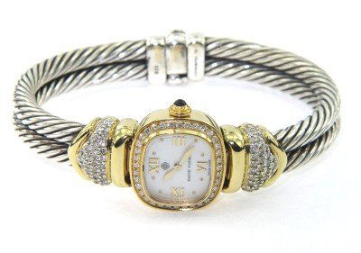 David Yurman 18K Yellow Gold, Silver & Diamond Watc: David Yurman 18K Yellow Gold, Silver & Mop Diamond Watch Bangle.watch's Weight: 73.2 grams.The total weight of diamond: 2 cts. H - I color VS clarity.The measurements of the Inside watch's Bangle is 5