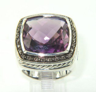 David Yurman Silver, Amethyst & Diamond Ring: David Yurman Silver, Amethyst & Champagne Diamond Ring. The total ring's weight is 21.1 grams. The total weight of champagne diamond:0.52 cts. The size of amethyst is 17 x 17 mm. The size of the ring 