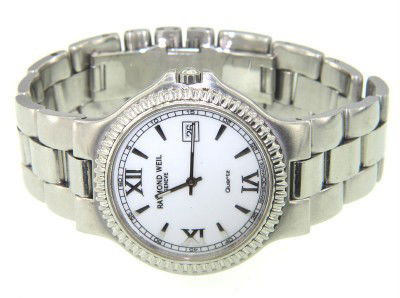 Raymond Weil Stainless Steel Watch: Raymond Weil Stainless Steel Watch.The total watch's weight is 96.4 grams.The measurements of watch head is 33 x 34 mm and 4 mm thick.The length of watch: 7".water Resistant.swiss made.Chain is 18 mm