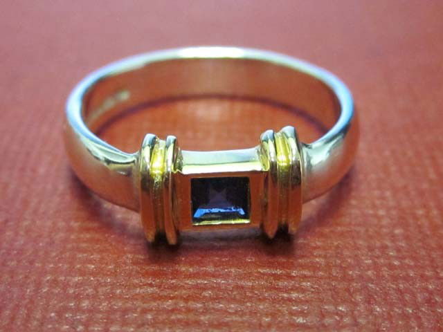 Tiffany Square Stacking Ring with Sapphire: Silver and 18k Yellow Gold Tiffany Square Stacking Ring with Sapphire - 3 mm x 3 mm and the ring size is 5.25