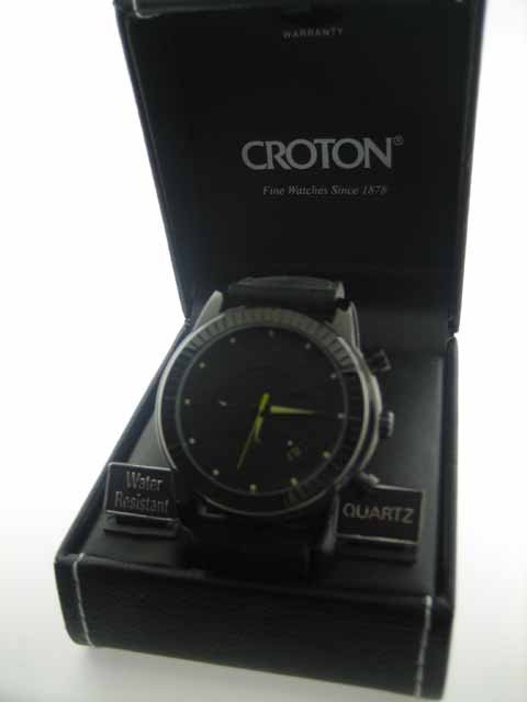 Croton Men's Black Tarantula Chronograph Rubber Strap W: This is a Croton Watch with Rubber Strap and Clasp Buckle. The Movement is Japanese Miyota JS25 Chronograph; Crystal is Mineral and Crown is a Push/Pull with pushers functions. The Strap measures 10" 