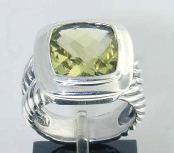 David Yurman Silver Lemon Citrine Ring : David Yurman Lemon Citrine Ring in Silver. The total ring's weight is 9 grams. The size of Lemon Citrine is 10 x 10 mm. The measurement of ring's face: 15 x 15 mm and 3 mm in thickness. The size of th