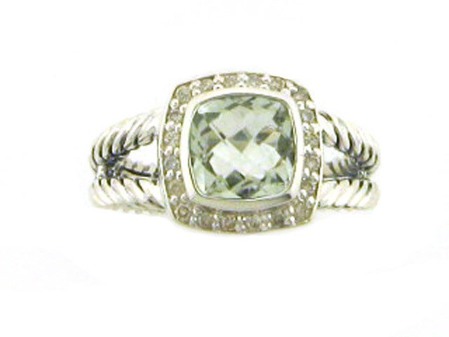 DAVID YURMAN 11MM PRASIOLITE ALBION RING: This is a Prasiolite Albion Ring in Sterling silver with pave diamonds. The top/crown is 11 mm X 11 mm and the prasiolite is 7.5 mm X 7.5 mm. The ring is a size 6.