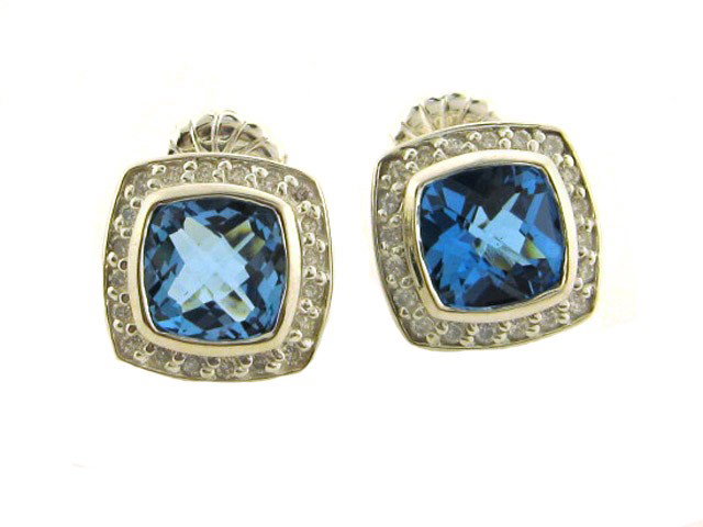 DAVID YURMAN 7MM BLUE TOPAZ PETITE ALBION EARRINGS: This is an Albion Earrings in sterling silver blue topaz and pave diamonds. The Blue Topaz measures 7mm stones. The earrings have Pierced backs