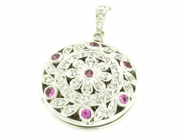 14k Ladies' Fashion Locket Pendant: 14k Gold Pave Round Setting Locket Pendant. It has a 0.20 carat Diamonds and 0.19 carat Pink Sapphire.