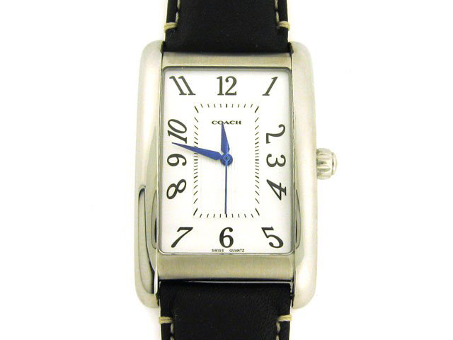 COACH Lexington Mens Watch: This is a COACH Lexington Mens Watch with the following features: Swiss Quartz; Mineral crystal; Water resistant to 99 feet; Silver dial ; stainless steel case; Case Size: 48x30x11mm; and Leather band