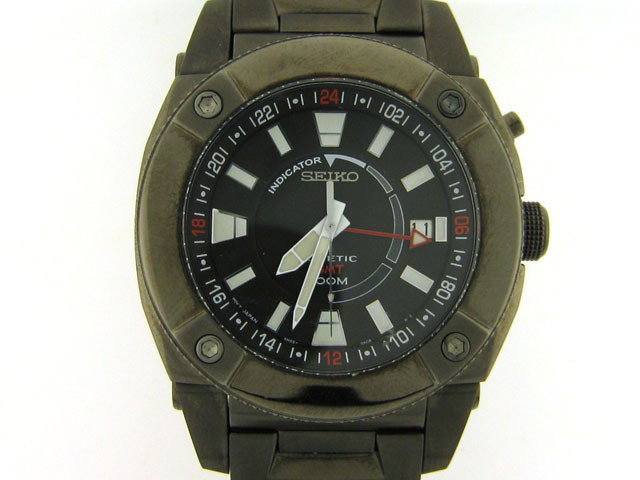 Seiko SUN005 Stainless Steel Kinetic GMT Black Dial Men: This is a Seiko SUN005 Stainless Steel Kinetic GMT Black Dial Men's Watch with the following features: Brushed, polished stainless steel case(44mm diameter by 14mm thick)and bracelet; black dial with 