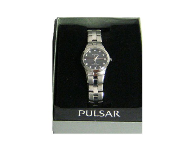 Pulsar ladies dress watch: Pulsar ladies dress watch from the Parma collection; Stainless steel case and bracelet; Black dial with Swarovski crystal markers; Seconds hand; Push button deployment clasp; and 50m water resistant