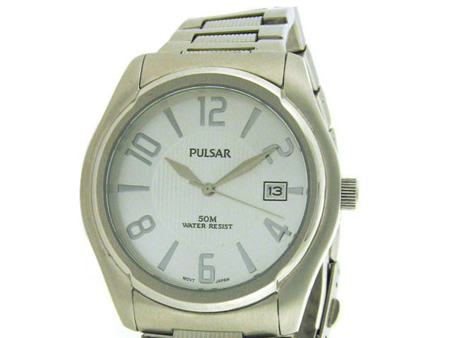 Pulsar Classic Dress Watch for Men: This is a Pulsar Classic Dress Watch for Men with the following features: Stainless steel case and bracelet; White dial with silver markers; Date window; Seconds hand; Push button deployment clasp; an