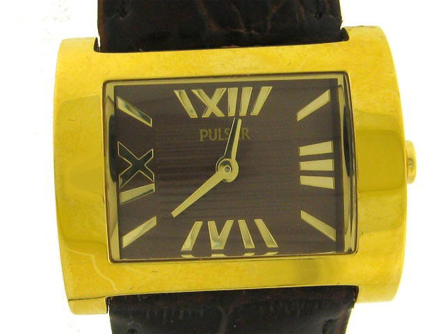 Pulsar Watch with leather Strap: This is a Pulsar Watch with leather strap with the following features: Gold tone bezel; leather strap with gold tone buckle clasp; Gold tone push/pull crown; stainless steel; brown dial with gold tone