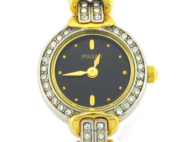 Pulsar Women's Swarovski Crystal Jeweled Two-Tone Black: • Swarovski crystals • gold tone crown • black dial • Hardlex crystal; jewelry-clasp • Water-resistant to 99 feet (30 M) • japan movement
