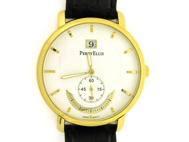Perry Ellis Men's Watch: This is a Perry Ellis Men's Watch with the following features: Leather Strap; Stainless Steel Case; Date at 12 O'Clock; second hand function; Japanese Movement; and Water Resistant