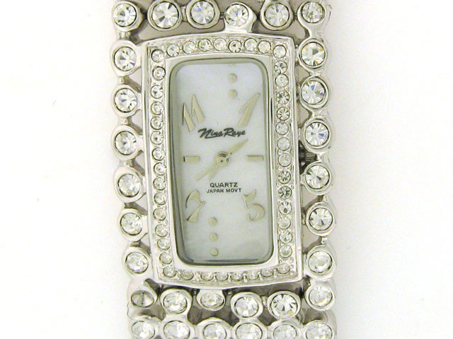 Nina Raye by Croton Crystals Quartz Watch for Wome: This is a Nina Raye by Croton Crystals Quartz Watch for Women with the following features: Flex brass adjustable bracelet with six links of hand set crystals; mother of pearl dial; Rhodium plated; Fol