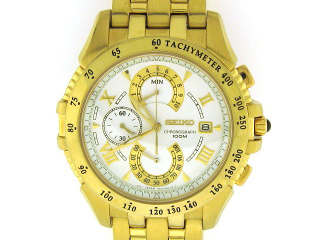 Seiko SPC046 Gold Tone Le Grand Sport Chronograph : This is a Seiko SPC046 Gold Tone Le Grand Sport Chronograph Watch with the following features: Brushed, polished gold tone stainless steel case (41mm diameter by 10mm thick) and bracelet; White dial w