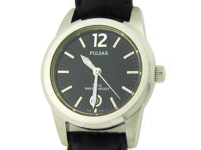 Pulsar Ladies Leather Strap Watch: -Stainless steel with black dial and silver tone hands & numbers -Water resistant -leather strap -Stainless steel -Hardened scratch resistant mineral glass -Stainless steel case back -Japan movement