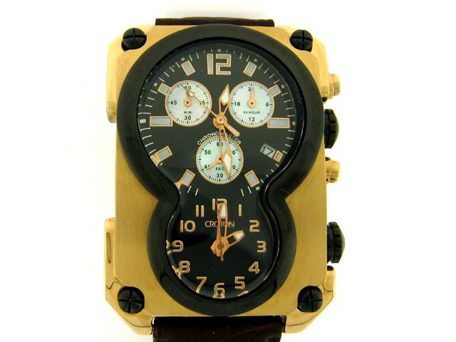 Croton CC311291BRBK Chronograph Watch: This is a Croton CC311291BRBK Men's Black Dual Time Dial Chronograph Watch with the following features: rose gold plated rectangular stainless steel case with push & pull crown and function pushers; J