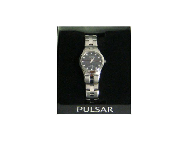 Pulsar ladies dress watch: Pulsar ladies dress watch from the Parma collection; Stainless steel case and bracelet; Black dial with Swarovski crystal markers; Seconds hand; Push button deployment clasp; and 50m water resistant