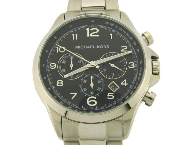 Michael Kors Men's Chronograph Black Dial Stainless Ste: The watch has the following features: Chronograph functions; Polished stainless steel case; Black Dial with silver tone hands; 60 second, 60 minute and 24 hour subdial; Mineral crystal; Japan quartz m
