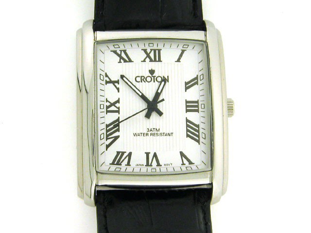 Croton Leather Watch CN207245: This is a Croton Leather Watch CN207245 with the following features: All Stainless Steel Case & Buckle; Black Leather Band; Analog with Silver Hands & Roman Numerals; Rectangle Textured Face w/ Sleek 