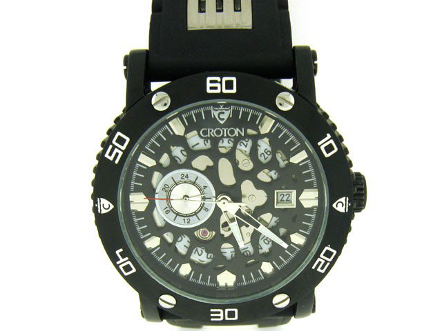 Croton Men's Automatic Stainless Steel Rubber Strap Wat: This is Croton Men's Automatic Stainless Steel Rubber Strap Watch in a Black strap, stylish, and sport-infused design The watch has a round stainless steel black case. It also features a case-coordina