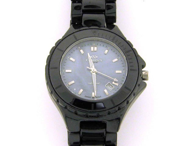 Oniss ON8104-L Black women's watch: This is an Oniss ON8104-L Black women's watch with the following features: 33 mm case diameter; polished finish black ceramic case; band length that fits up to 7 1/2"; 16.5mm lug dwidth; Swiss quartz