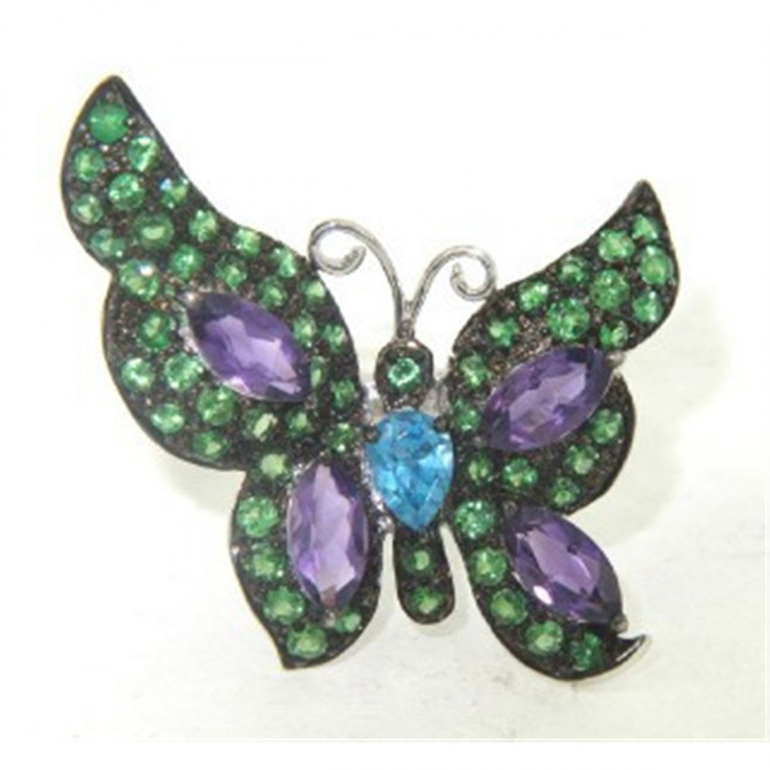 14K White Gold Tsavorite, Amethyst & Blue Topaz But: 14K White Gold Tsavorite, Amethyst & Blue Topaz Butterfly Ring. The total ring's weight is 8.6 grams. The total weight of tsavorite: 2 cts. approximately. The size of amethyst: 7 x 3 mm. The size of b