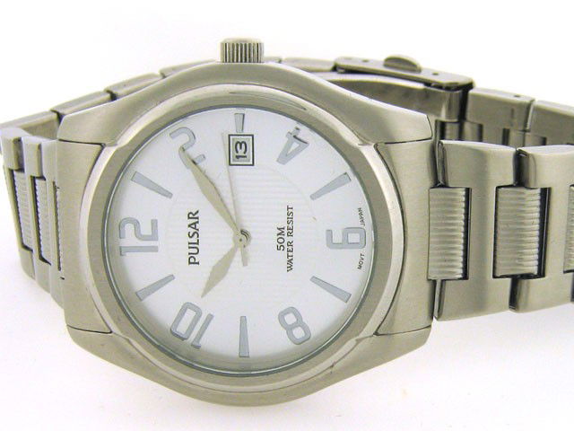 Pulsar Classic Dress Watch for Men: This is a Pulsar Classic Dress Watch for Men with the following features: Stainless steel case and bracelet; White dial with silver markers; Date window; Seconds hand; Push button deployment clasp; an