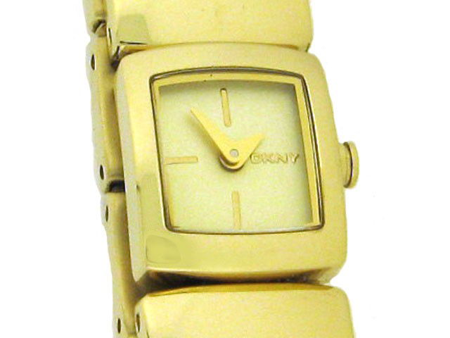DKNY Women's Square Stainless Steel watch #NY4486: This is a DKNY Women's Square Stainless Steel watch #NY4486 with the following features: Two-hand Japanese Quartz movement, gold-tone hour and minute hands, gold-tone 'DKNY' logo positioned at 3 o'clo