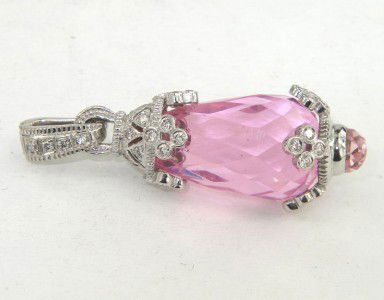 Judith Ripka 18K White Gold Diamond Pink Topaz Pe: Judith Ripka 18K White Gold Diamond Pink Topaz Pendant.The total weight of pendant is 17 grams.The total weight of diamond: 1ct. approximately. G color VS2 clarity.The size of pendant is 47 x 14 mm.Th