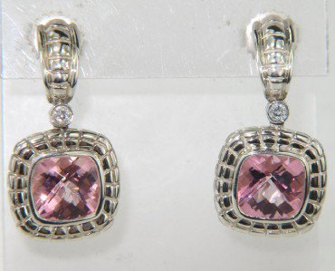Charles Krypell Silver Topaz & Diamond Earrings: Charles Krypell 14K Silver Pink Topaz & Diamond Earrings.The weight of the Earring is 8.9 grams. The size of pink topaz is 7 x 7 mm . The total weight of diamond is 0.07 pts. approximately, H color VS