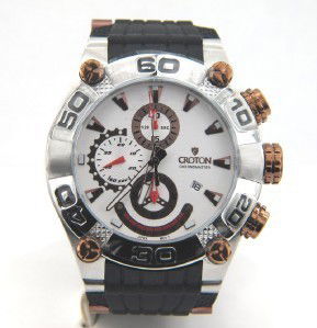 Croton Stainless Steel Chronograph Rubber Strap Watch: Brand New Croton Stainless Steel, Rubber Strap Watch with Box The total watch's weight is 114.8 grams. The measurements of the watch head is 45 mm in diameter and 12 mm in thick. Strap is 22 mm wide.
