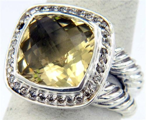 David Yurman Silver, Citrine & Diamond Ring: David Yurman Silver, Citrine & Diamond Ring. The total ring's weight is 8.1 grams. The total weight of the diamond is 0.33 cts approximately, H color VS clarity. The size of the Smoky Topaz is 11 x 11