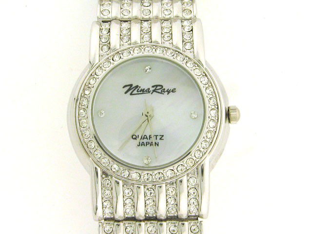 Croton Nina Raye Women's Crystal Watch: Flex rhodium-plated brass bracelet that is adjustable; 214 hand-set crystals; Fold-over clasp; Rhodium-plated case; Stainless steel caseback; Bezel enhanced by 38 hand-set crystals; Cushioned mineral