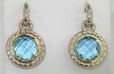 Charles Krypell 14K Gold / Silver Blue Topaz Earr: Charles Krypell 14K Gold / Silver Blue Topaz Earrings The weight of the Earring is 13.4 grams. The size of blue topaz is 10 x 10 mm . The length of earring: 1". The earring is 2 mm in thickness.