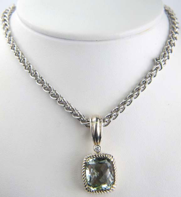Charles Krypell Gold/Silver Prasiolite Diamond Nec: Charles Krypell 14K Gold / Silver Prasiolite & Diamond Necklace. The weight of the Necklace is 33.2 grams. The size of prasiolite is 14 x 12 mm. The total weight of diamond is 0.08 pts. approximately,