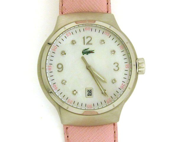 LACOSTE WOMEN'S PINK CALFSKIN DIAMOND WATCH 200037: This is a LACOSTE WOMEN'S PINK CALFSKIN DIAMOND WATCH with the following features: Quartz movement; Crystal mineral; Buckle clasp; Stainless Steel case; 40 mm case diameter; Leather calf skin band; 30