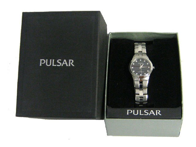 Pulsar ladies dress watch: Pulsar ladies dress watch from the Parma collection; Stainless steel case and bracelet; Black dial with Swarovski crystal markers; Seconds hand; Push button deployment clasp; and 50m water resistant