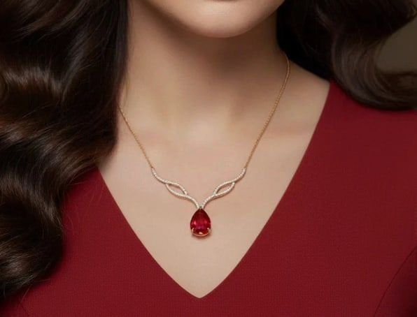 Ruby & Diamond Necklace set: Teardrop gemstones set in a necklace and earrings. The exquisite cut grade and adjustable features make it a versatile and beautiful choice for women and ladies looking for a nature-inspired and elega