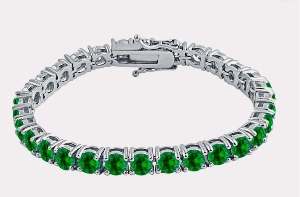 Womens Round Cut Green Emerald Tennis Bracelet 14K White Gold 14 ct tcw: vibrant color, excellent cut, and clarity