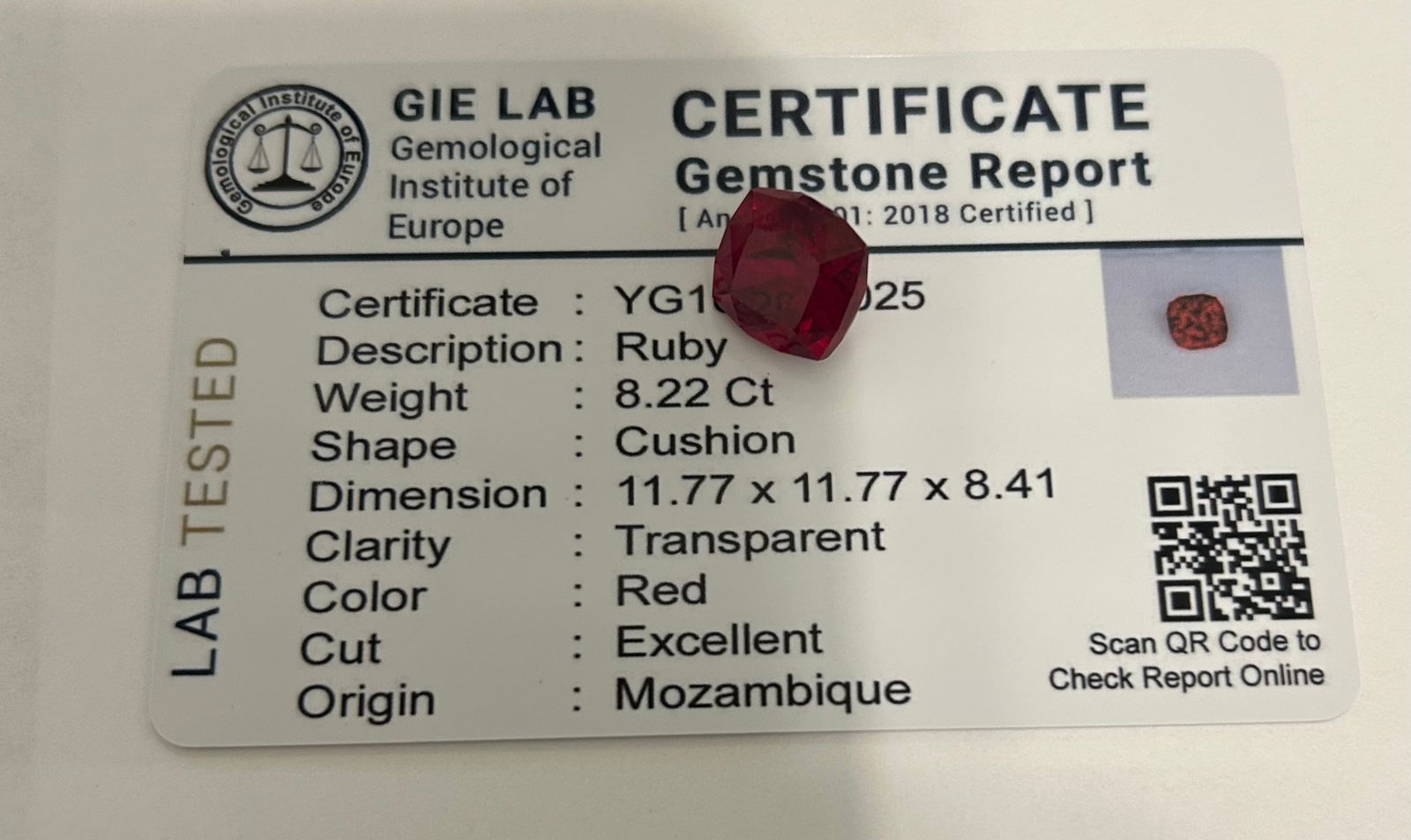 Mozambique Ruby 8.22cts Cushion Cut GIE Certification - 4