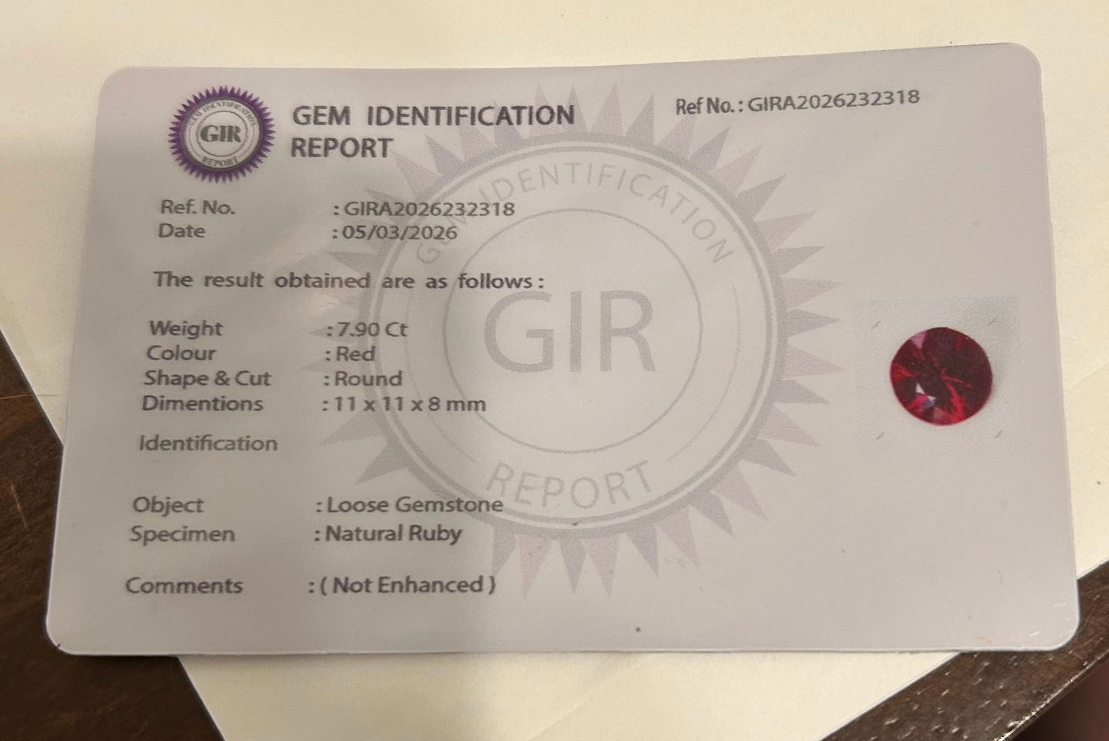 Myanmar Ruby 7.9ct Round Cut No reserve GIR Certified - 4