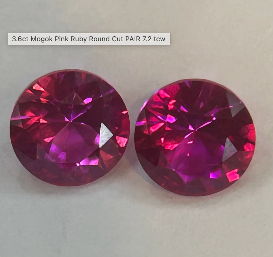 3.6 Carat Mogok Pink Ruby Round Cut PAIR 7.2 tcw: Two natural pink rubies, each weighing approximately 3.6 carats, for a total combined weight of 7.2 carats. Sourced from the legendary Mogok Valley in Myanmar, these stones are highly prized for their
